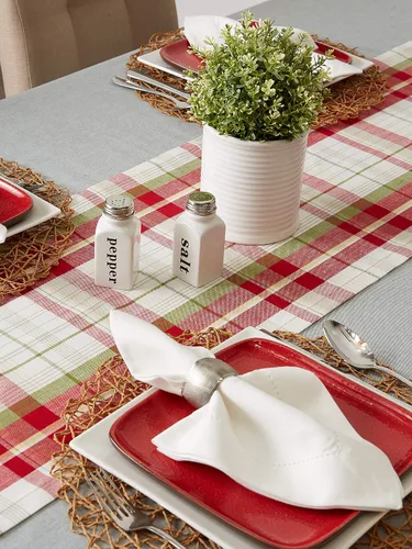 Miniatura 5 de DII - Camino de mesa estilo Orchard con cuadros, colección de elementos esenciales de mesa de lino, 14 x 108 pulgadas, color gris pardo/rojo