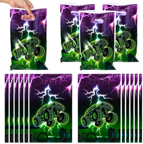 Bolsas de regalo de fiesta de camión monstruo verde y morado – 50 bolsas de golosinas de camión monstruo, decoración de fiesta temática de auto de