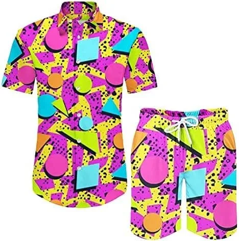 Gihuo Conjunto vintage de 2 piezas de camisas y pantalones cortos a juego para hombre, camisa retro de los años 80 con botones, trajes de playa