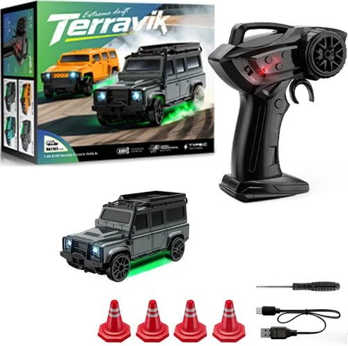 Miniatura 8 de Mini coche de deriva RC a escala 1:64 con giroscopio proporcional completo RTR 2.4Ghz control remoto con luces RGB (04-negro)