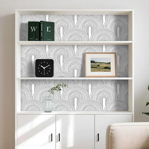 Miniatura 5 de Livelynine - Papel de colgadura adhesivo minimalista en blanco y negro de mediados del siglo moderno, papel tapiz extraíble con acento de arco