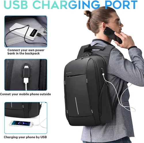 Miniatura 5 de Mochila de viaje BANGE, mochila antirrobo para laptop, compatible con portátiles de 15.6 pulgadas, Negro, Mediana, Computadora portátil