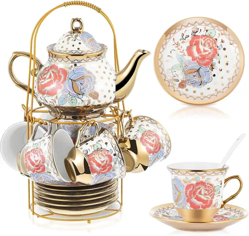 Miniatura 11 de Zhehao Juego de té de porcelana de 20 piezas con soporte de metal y cuchara para adultos, juego de té de cerámica para adultos, pintura de flores