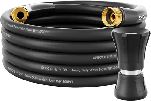 SPECILITE Manguera de jardín de 3/4" 25 pies con boquilla de alto flujo, manguera de agua de goma híbrida flexible resistente para exteriores,
