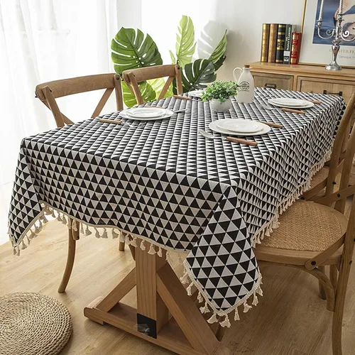 Dinner Table Cover, 55 x 55 inch, Square, Black, Style 2, Cotton Triangle with Tassel Table Cloth for Party estilo 2