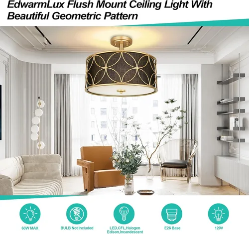 Miniatura 4 de Edwarmlux Lámpara de techo semiempotrada de 3 luces, luz de tambor de 16 pulgadas con pantalla de tela, moderna lámpara de techo para sala de estar