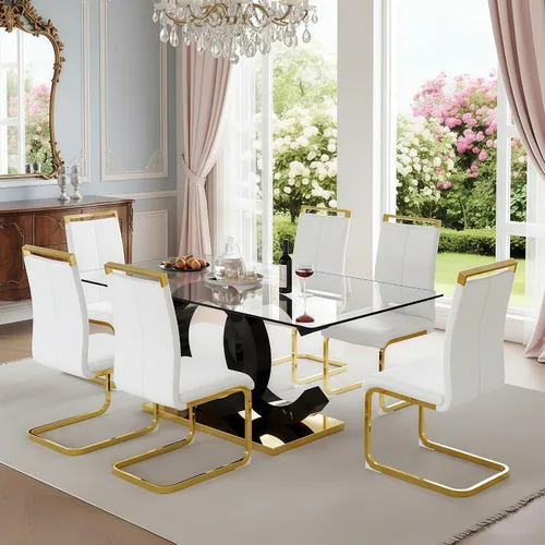 Miniatura 24 de Juego de mesa de comedor de cristal de 63 pulgadas para 6, juego de mesa de comedor moderno para 6, mesa de vidrio templado con patas negras