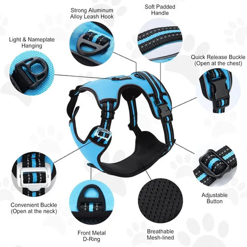 Miniatura 2 de Arnés sin tirones para perro, con 3 hebillas a presión, arnés frontal sin estrangulamiento, chaleco acolchado suave reflectante y ajustable para Azul