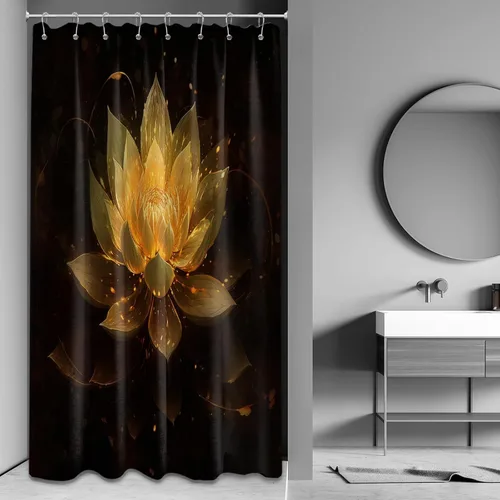 Miniatura 18 de Cortina de ducha con flores de loto negro y azul para decoración de baño, juego de cortinas decorativas de baño con estampado floral, tela