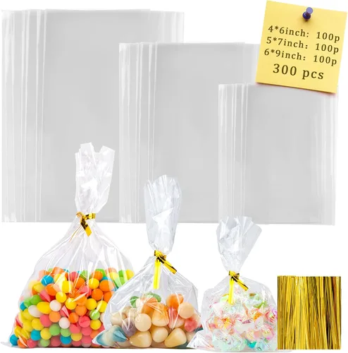 Labeol 300 bolsas de celofán de 6 x 9 pulgadas, 5 x 7 pulgadas, 4 x 6 pulgadas, bolsas de celofán con lazos, bolsa de regalo transparente, bolsas de