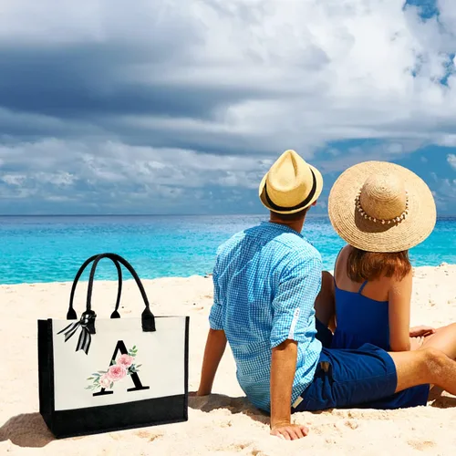 Miniatura 7 de Bolsa de lona personalizada con inicial para mujer, bolsa de playa con bolsillo interior con cremallera para bodas, cumpleaños, vacaciones