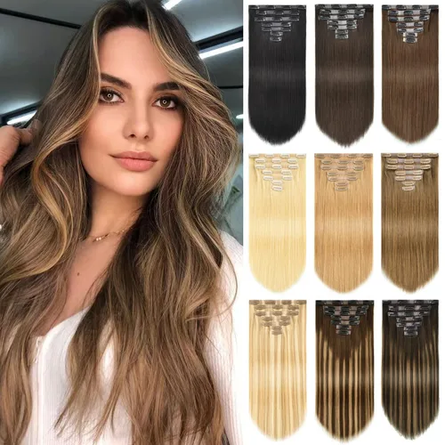Miniatura 10 de Rose bud REMY - Extensiones de cabello humano con broches, 18 clips, 14 pulgadas, color rubio oscuro, 8 unidades, 2.42 onzas 27# Rubio oscuro