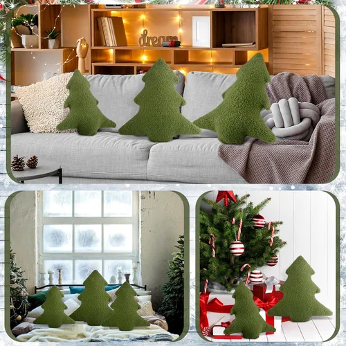 Miniatura 4 de Soaoo 3 almohadas decorativas para árbol de Navidad, almohada decorativa con forma de árbol de Navidad, cojín suave en forma de planta 3D