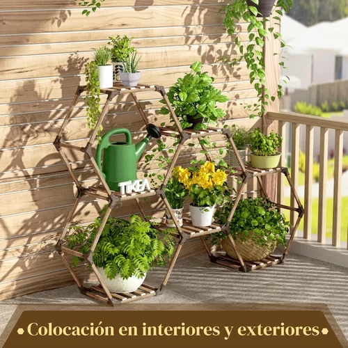 Miniatura 7 de Tikea Soporte para plantas para interiores y exteriores, soporte hexagonal para múltiples plantas, estante grande de madera para plantas, 7 niveles