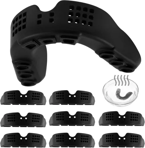 BBTO Paquete de 10 protectores bucales deportivos, moldeables y transpirables con perforación, para hombres, mujeres, adultos, deportes de equipo