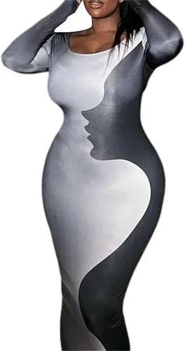 Miniatura 5 de Vestido largo ajustado de manga larga Y2k con cuello cuadrado para mujer, vestido de cóctel con estampado de cara de retazos
