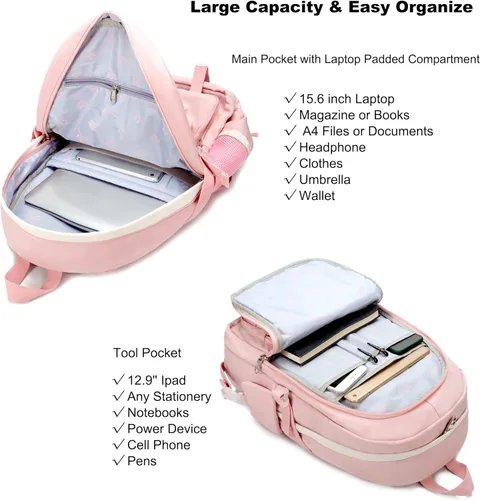 Miniatura 3 de Mochila para niñas con accesorios, mochila para laptop y libros de 16 pulgadas, bolsa escolar kawaii, mochila para universidad, viaje y día a día