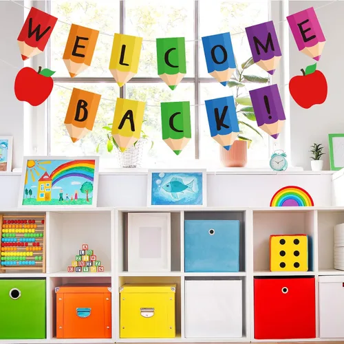 Miniatura 6 de AnyDesign Cartel de regreso a clases, 2 cuerdas, guirnalda de banderines de bienvenida premontada, lindo arco iris, manzanas, pancarta decorativa