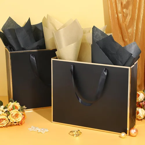 Miniatura 4 de ReliThick Paquete de 24 bolsas de regalo de papel metálico con asas y papel de seda de 11.8 x 10 x 4 pulgadas, bolsa de agradecimiento para Negro