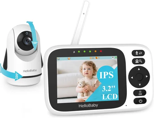 HelloBaby - Monitor de bebé sin WiFi con pantalla de 3.2 pulgadas, cámara con zoom de inclinación panorámica | 2-Way Talk, Night Vision, ECO VOX