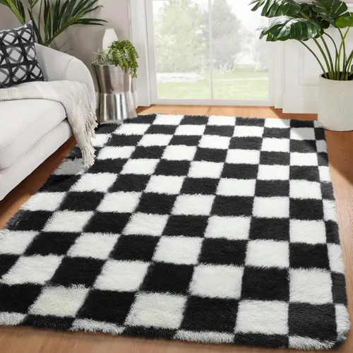 Miniatura 61 de KICMOR - Tapete a cuadros afelpado, peludo, mullido, color beige y blanco crema, pequeño, de 2 x 3 pies, para dormitorio, sala, junto a la cama