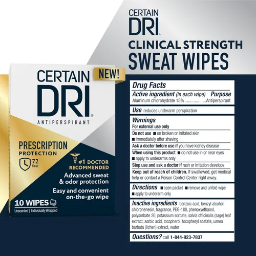 Miniatura 4 de Certain Dri Toallitas antitranspirantes para sudoración excesiva e hiperhidrosis – 72 horas de fuerza clínica protección contra olores