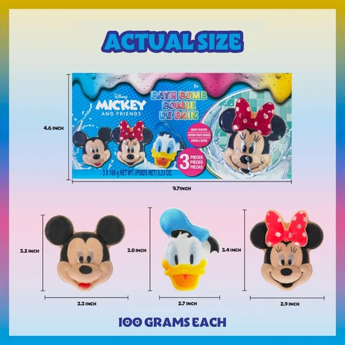 Miniatura 6 de Bombas de baño de Mickey, Minnie y Pato Donald para niños, colores brillantes de arcoíris, con aroma a bayas, para niños de 3 años en adelante