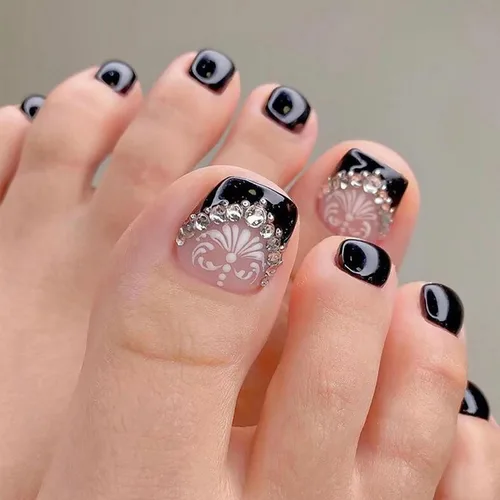 Miniatura 49 de Uñas postizas acrílicas artificiales negras para los dedos de los pies, ataúd a presión con diseños de flores blancas, uñas postizas reutilizables