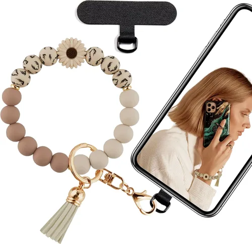 Miniatura 12 de Correa de muñeca de teléfono con cuentas de silicona, pulsera para teléfono con lengüeta de sujeción, pulsera manos libres para iPhone (negro)