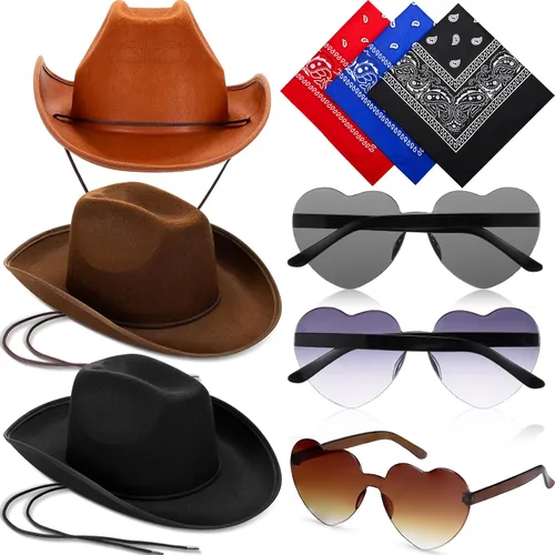 Geyoga 9 piezas de sombrero de vaquero para adulto con bandana de vaquero y gafas para disfraz del oeste, accesorio para hombres y mujeres