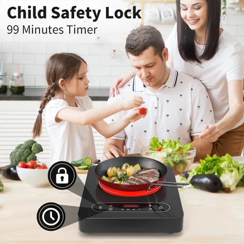 Miniatura 7 de VBGK - Cocina eléctrica de un solo quemador, estufa eléctrica de 110 V y 1800 W con control táctil LED, 10 niveles de potencia, temporizador de 4 h
