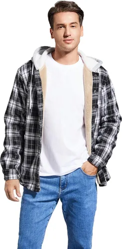 Miniatura 4 de IVUMA Camisas de algodón a cuadros de manga larga para hombre, chaqueta de franela con forro polar, camisas de franela Sherpa con botones y capucha
