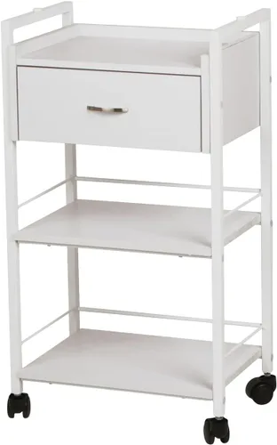 Buy-Rite Jenny Trolley Carrito de 3 niveles para spas, esteticistas y salones, organizador de madera blanca con cajón, estantes abiertos, agujeros