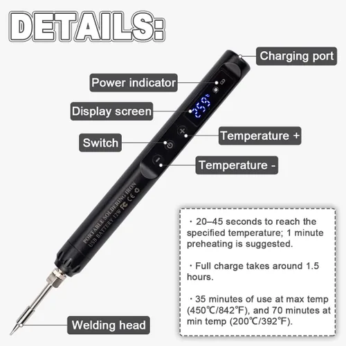 Miniatura 3 de Kit de soldador inalámbrico con pantalla LCD, herramienta de soldadura recargable por USB portátil para electrónica, proyectos de bricolaje