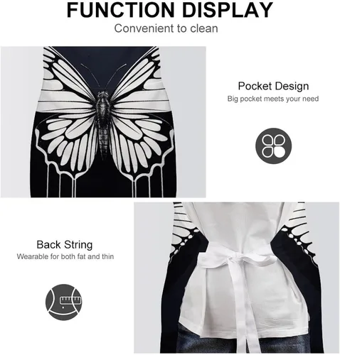 Miniatura 6 de MUSM A Black And White Butterfly Apron，Classic Vintage Funny with Pockets Aprons,Adjustable Bib Waterdrop Resistant for Kitchen Cooking Restaurant