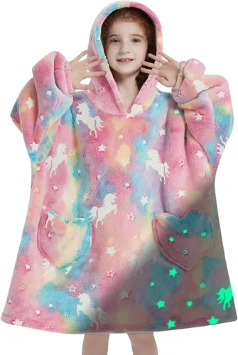 Fiosnow Sudaderas con Manta de Unicornio que Brilla en la Oscuridad para Niños de 6-13 Años Manta con Capucha de Tamaño Grande Usable para Niños,