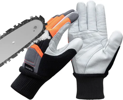 Guantes de motosierra: cuero anticorte con protección de motosierra de 12 capas en la parte posterior de la mano izquierda, clásicos