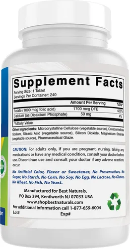 Miniatura 6 de Best Naturals Ácido fólico 1000 mcg (vitamina B9), 240 tabletas (1000 mcg (paquete de 3))