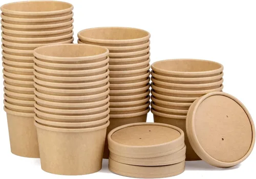 Miniatura 10 de Paquete de 50 recipientes de sopa con tapas, vasos desechables de 12 onzas con tapas, cuencos de papel para sopa con tapas, recipientes de sopa