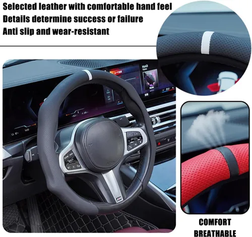 Miniatura 4 de Osilly Funda para volante de automóvil, funda protectora para volante de vehículo de cuero antideslizante de 15 pulgadas, accesorios cómodos