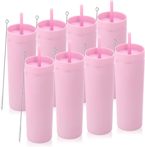 Miniatura 43 de Volhoply Paquete a granel de 4 vasos delgados de plástico de 20 onzas, vaso de doble pared con tapa y popote, taza reutilizable de viaje para café