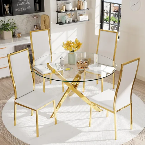 Miniatura 6 de Juego de 4 sillas de comedor modernas, de piel sintética blanca con patas de metal cromado dorado, diseño de respaldo alto curvo y acolchado