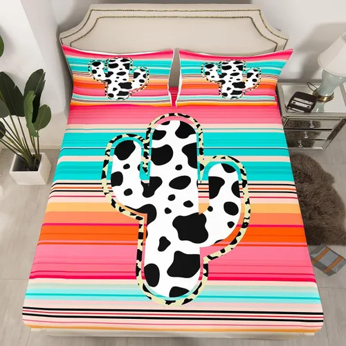 Miniatura 2 de Manfei Juego de sábanas de cactus tamaño individual, juego de ropa de cama de cactus con estampado de vaca para niños, niñas, adolescentes