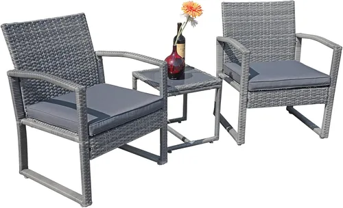 Patiorama Juego de muebles de patio al aire libre de 3 piezas, juego de sillas de ratán con mesa auxiliar, para jardín, balcón, patio trasero, junto