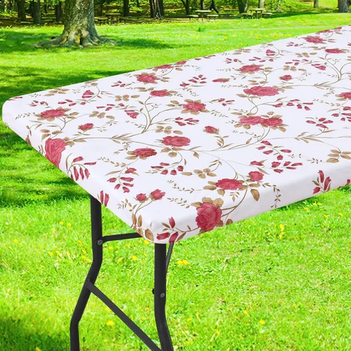 Miniatura 36 de Smiry Mantel cuadrado para mesa de pícnic, impermeable, elástico, ajustable, para campamento, protector de vinilo con parte trasera de franela Beige