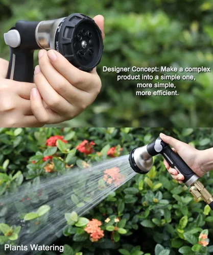 Miniatura 7 de ESOW Boquilla de manguera de jardín 100% metal resistente, rociador de manguera de agua con 8 patrones de riego, válvula de encendido y apagado