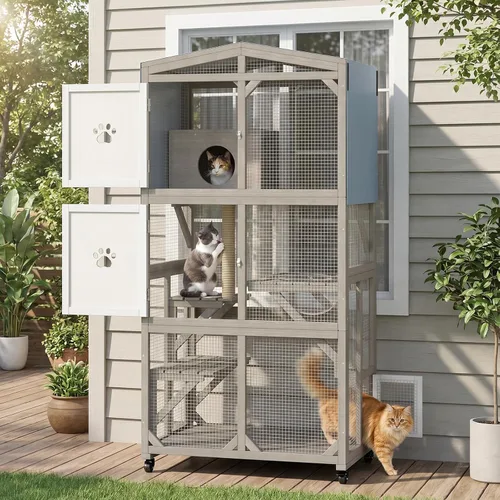 Catio - Caja para gatos de 66.2 pulgadas con ruedas y acceso a la ventana, casa grande para gatos al aire libre para balcón, patio, jaula de madera