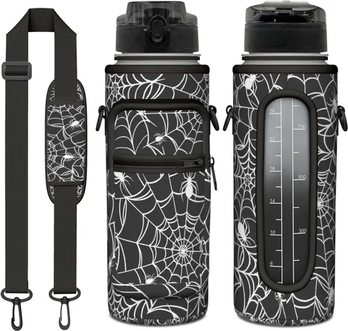 Miniatura 11 de Goth Moon Botella de agua de medio galón con funda - Botella de agua con tapa abatible sin BPA de 32 onzas - con marcador de tiempo, jarra de agua a