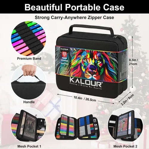 Miniatura 5 de 109 Juego de dibujo y kit de bocetos Pro Art Supplies con lápices fluorescentes, de colores, acuarela, metálicos, grafito, carbón, 5 cuadernos