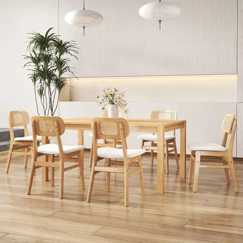 Miniatura 10 de ROCITY Juego de 4 sillas de comedor de ratán, sillas de comedor de lana de cordero blanca, sillas de cocina de madera natural, sillas de granja